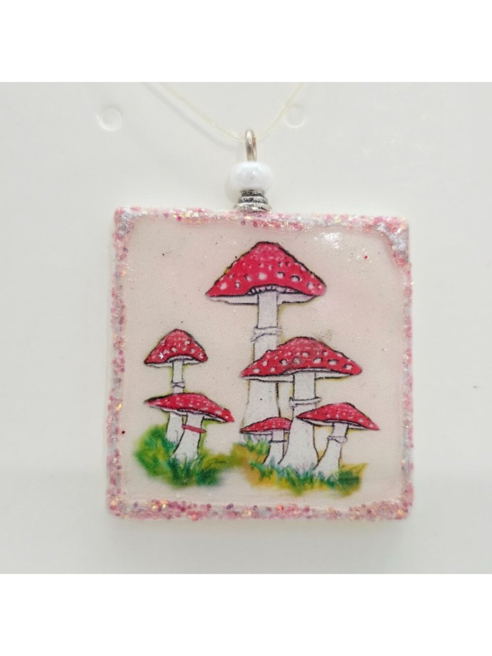 Handmade Mushroom Art Pendant Necklace Glitter Accents & White Bead Detail 1" - Picture 1 of 6